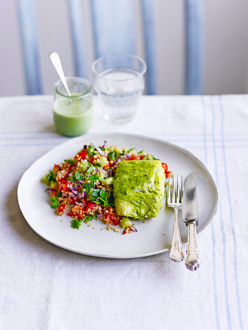 Spiced cod with quinoa salad and mint chutney