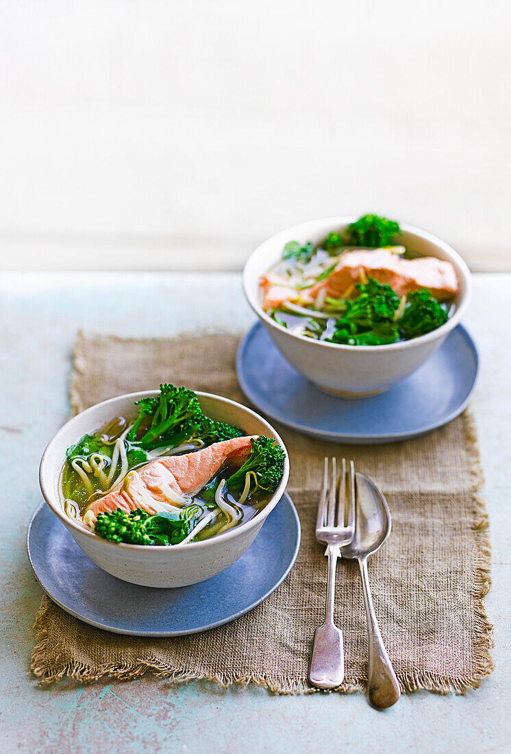 Salmon with miso vegetable soup