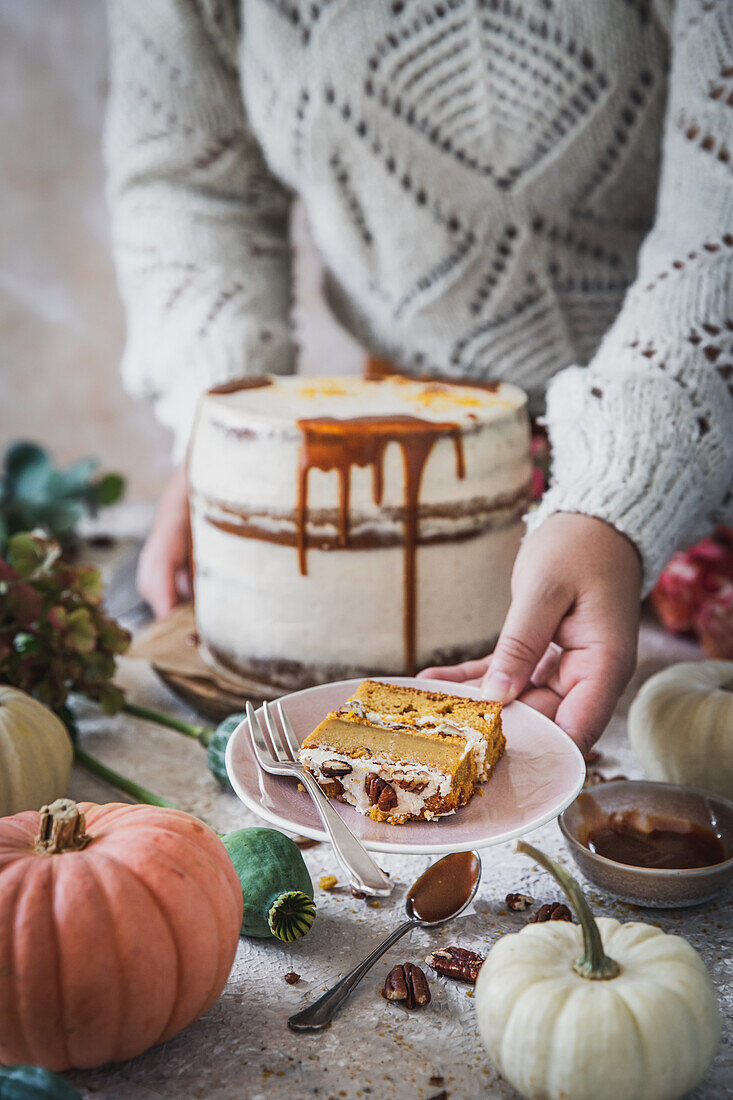 Simple pumpkin cream cake with caramel