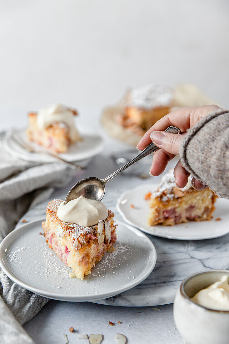 Gluten-free rhubarb and almond cake with cream