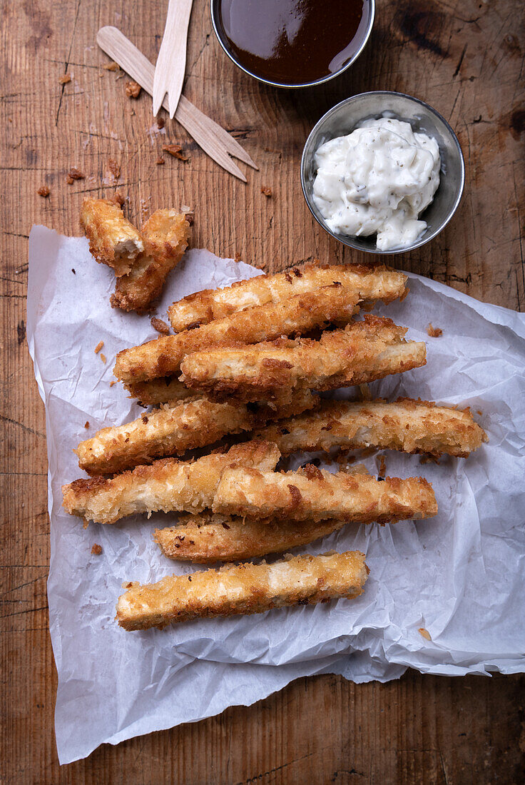 Tofusticks in würziger Panko-Panade mit veganer Kräuter-Mayo und Curry-Ketchup