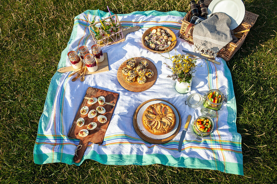 Picnic blanket with different dishes