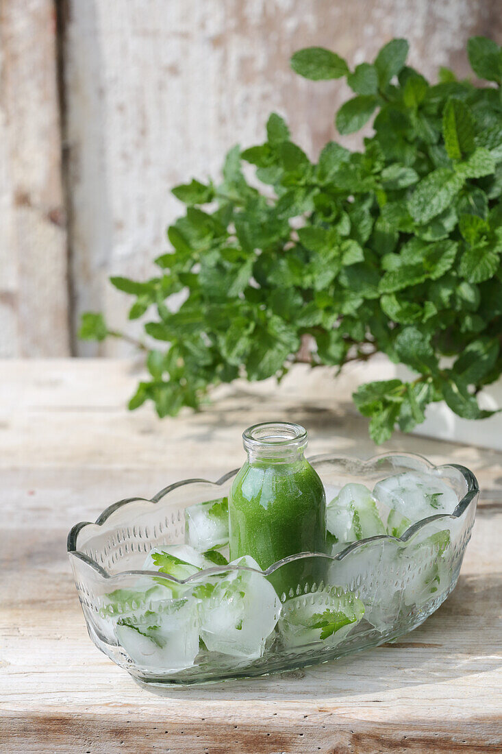 Freshly squeezed herb-apple juice with ice cubes