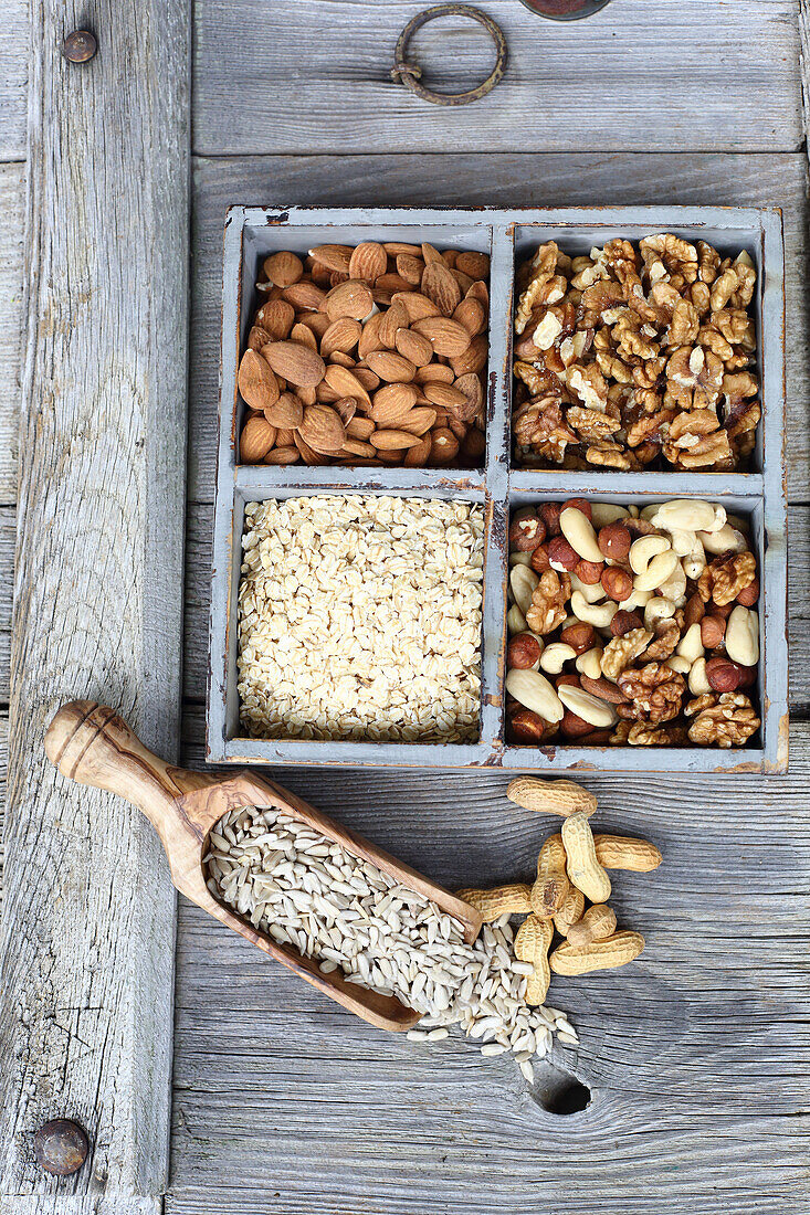 Nuts and oatmeal in a box (vitamin B-rich)
