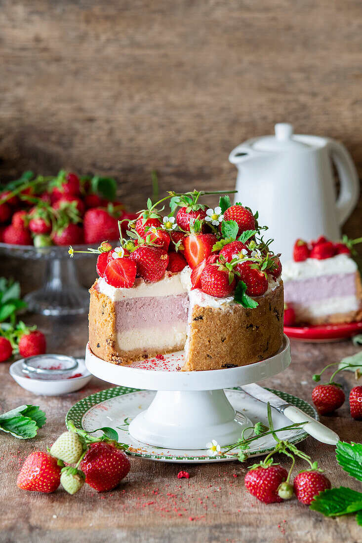 Erdbeer-Cheesecake mit gefriergetrocknetem Erdbeerboden