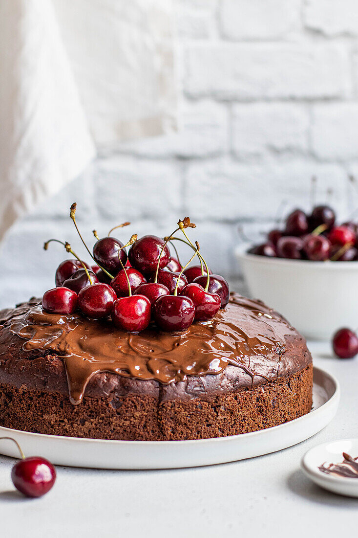 Beetroot chocolate cake with fresh cherries