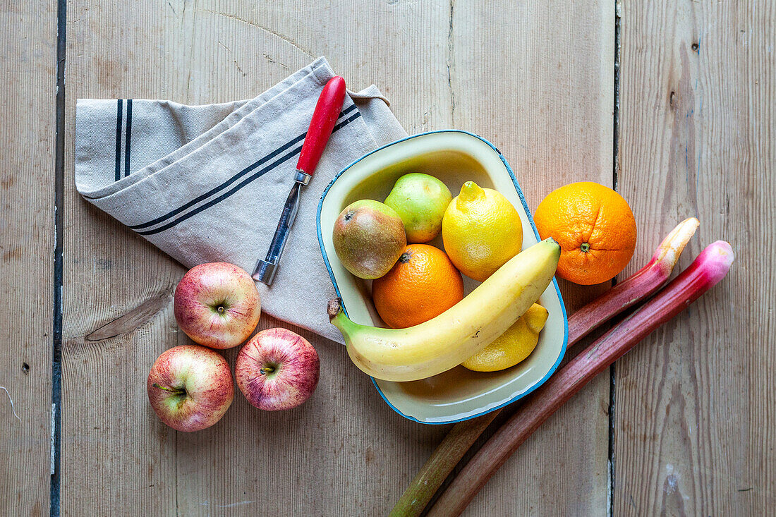 Citrus fruits, apples, banana and rhubarb