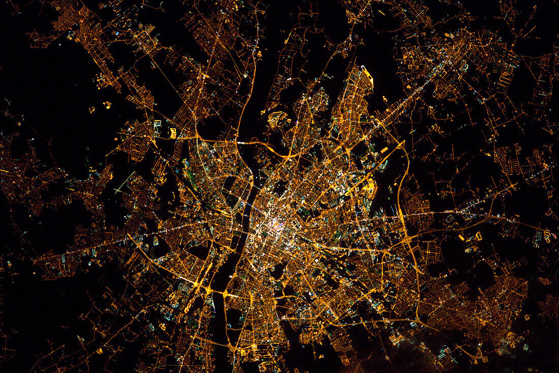Warsaw, Poland, at night, satellite image