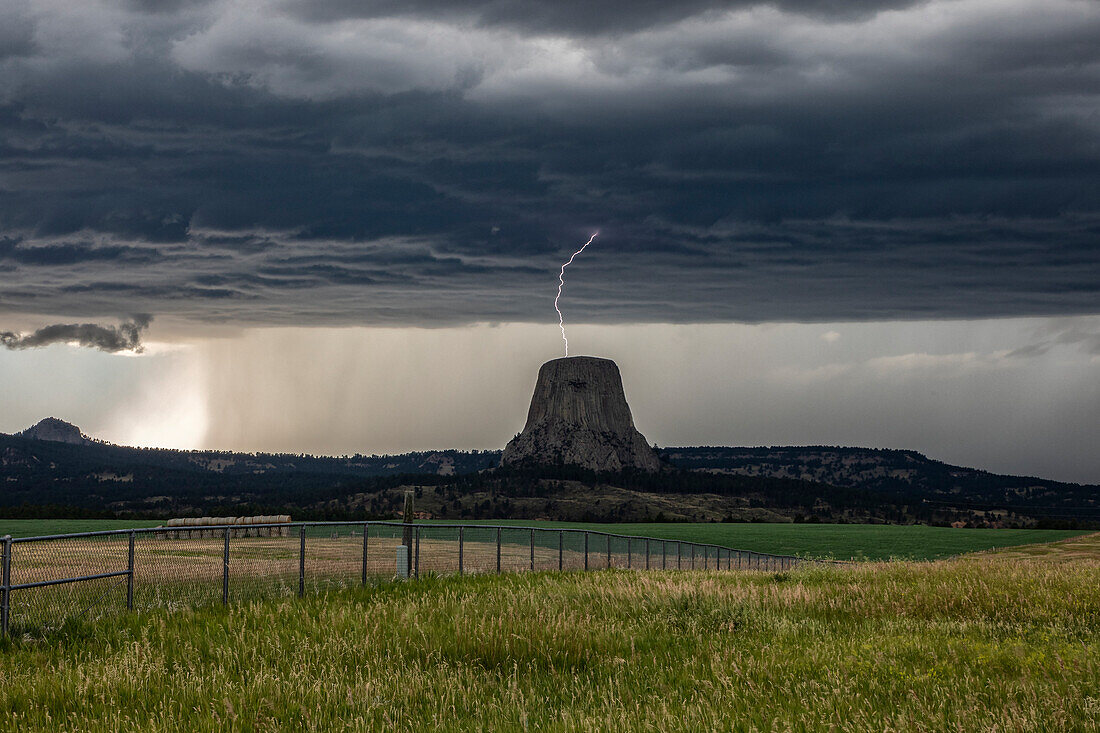 Lightning striking top of Devil's Tower, Wyoming, USA