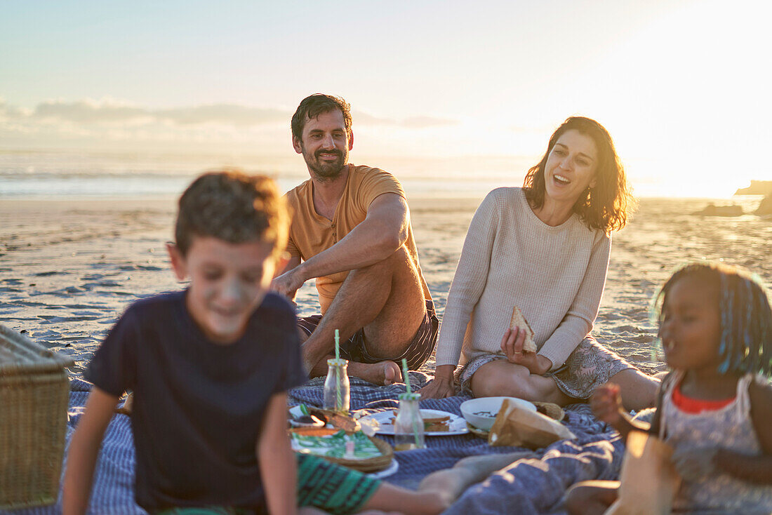 Happy family enjoying picnic on sunny beach