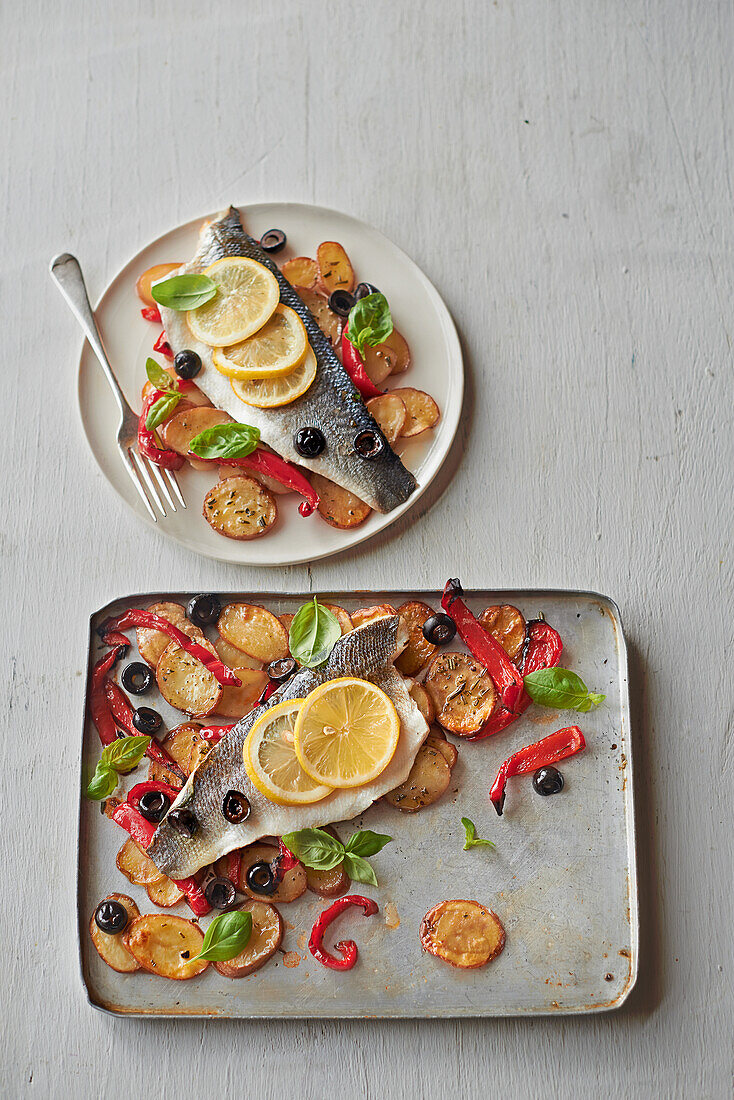 Roast sea bass and vegetable traybake