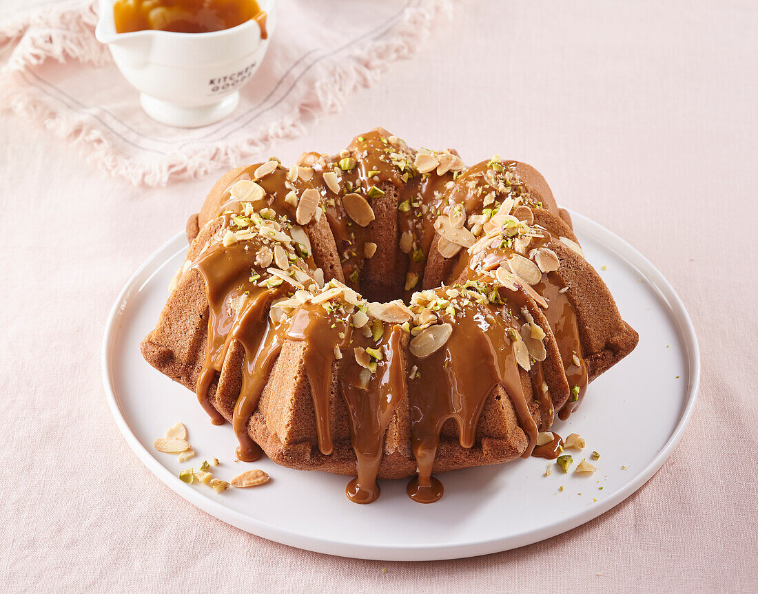 Gingerbread Bundt Cake with caramel and almonds