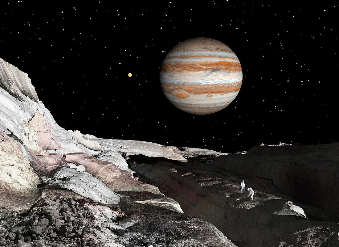 Astronauts exploring ice fracture on Europa, illustration