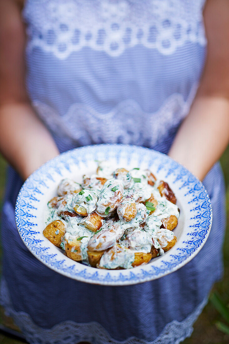 Roast new potato salad with caper and tarragon dressing