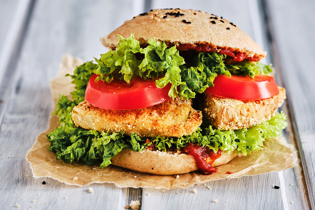 Vegan celeriac schnitzel burger