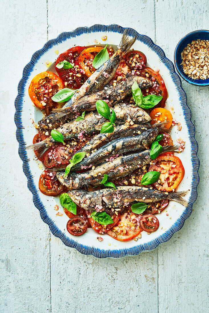 Sardines with heirloom tomato and almond salad