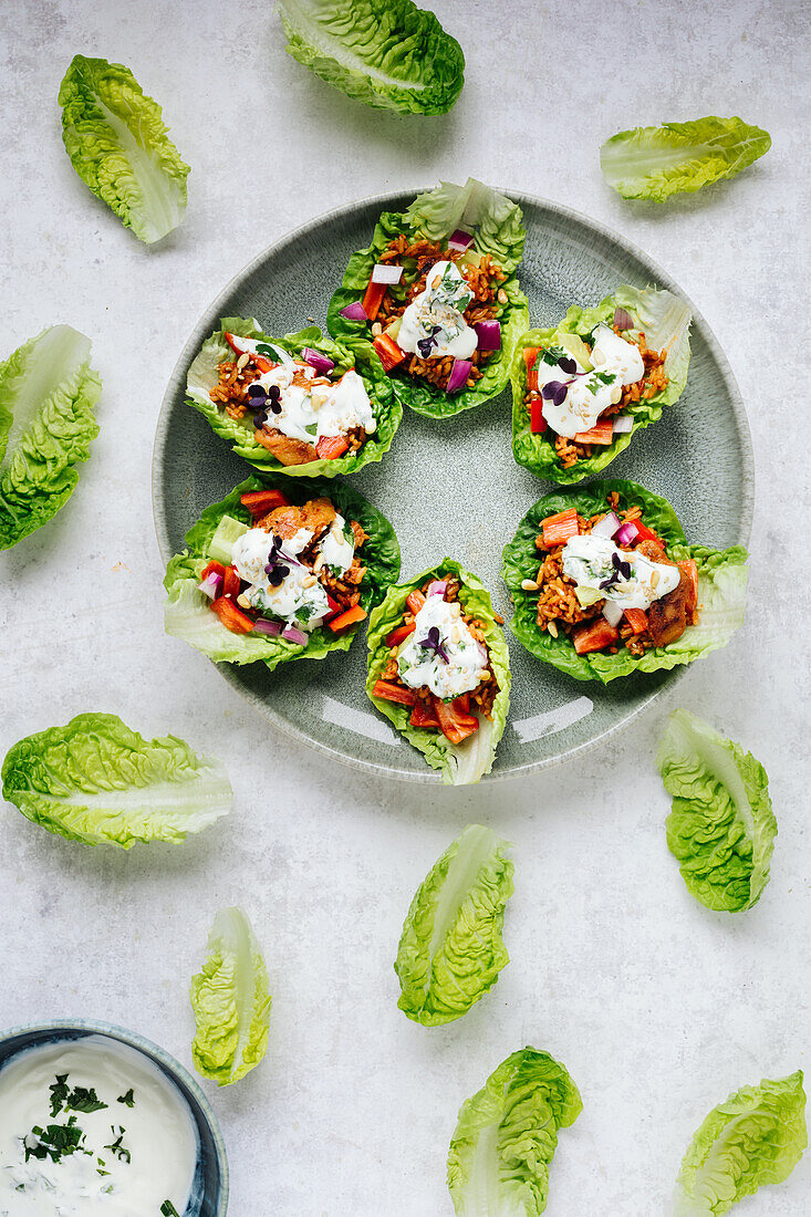 Stuffed salad leaves with chicken and a yoghurt dressing