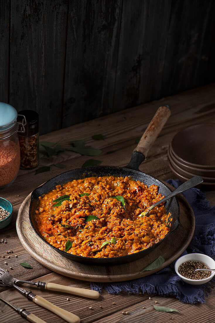 Indian dal made from red lentils with curry leaves