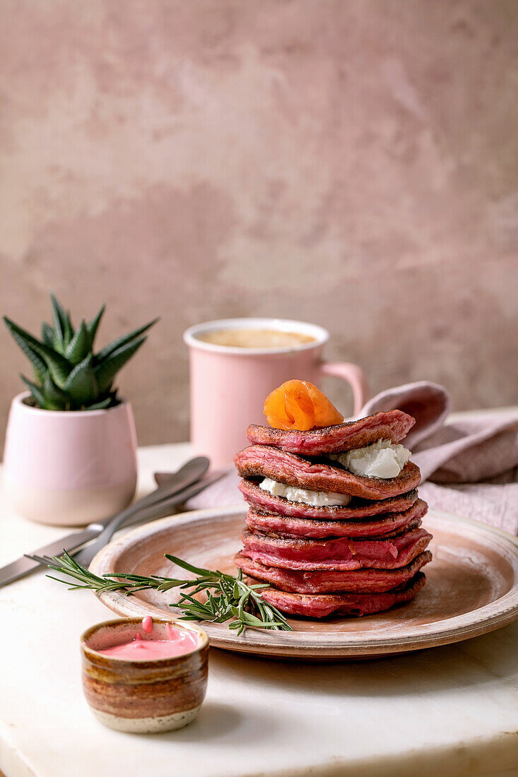 Beetroot pancakes with cream cheese and salted salmon