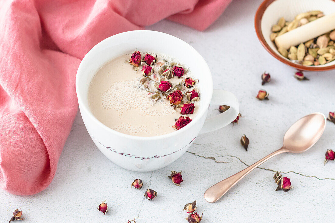 Moon Milk with rose petals and cardamom