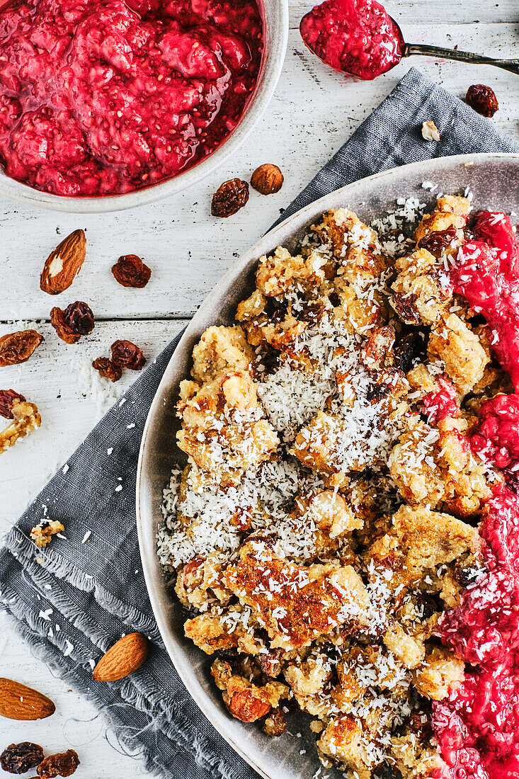 Vegan quinoa kaiserschmarrn with raspberry compote