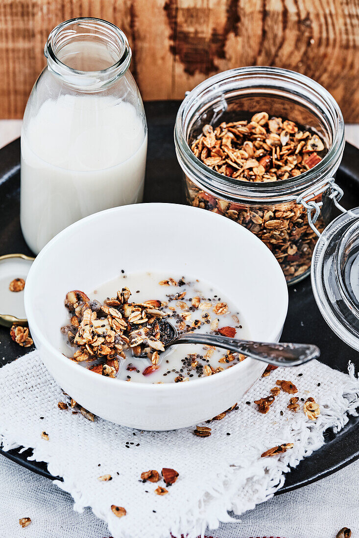 Vegan granola with plant drink