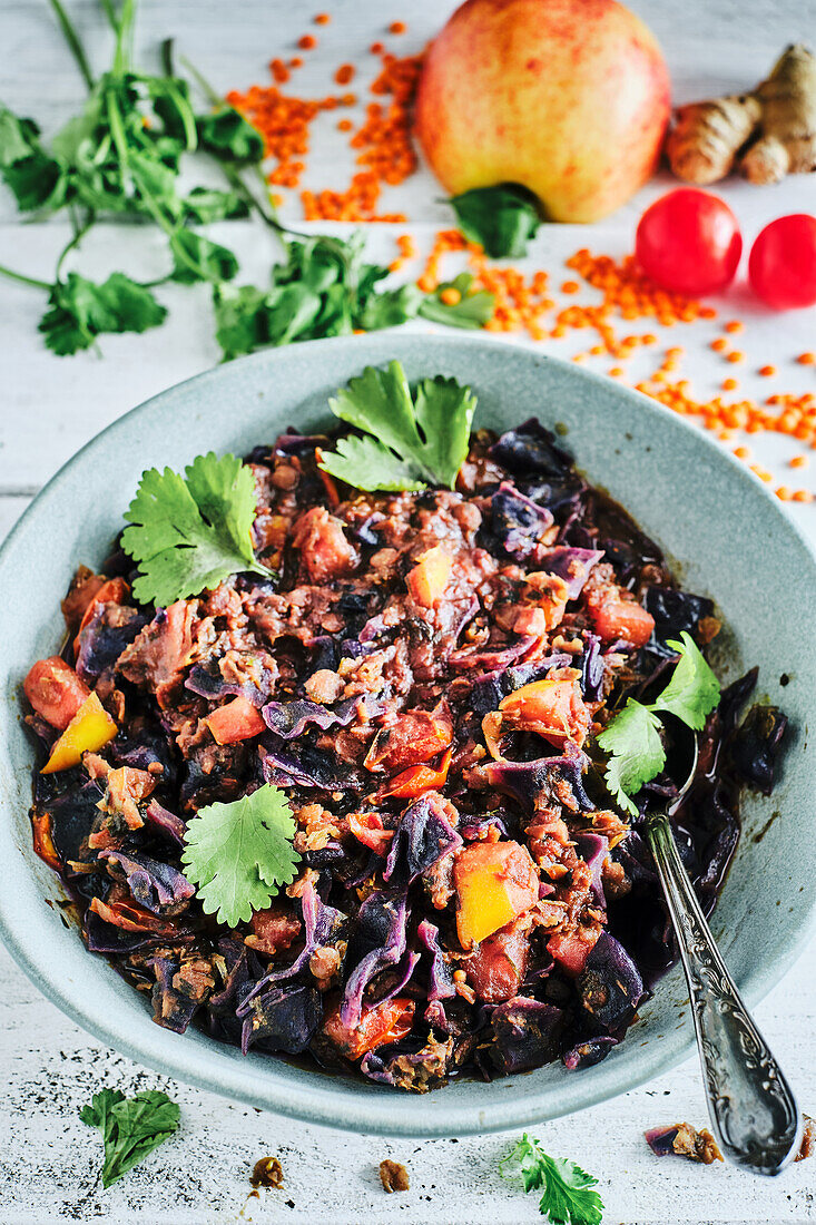 Vegan ayurvedic red cabbage dal