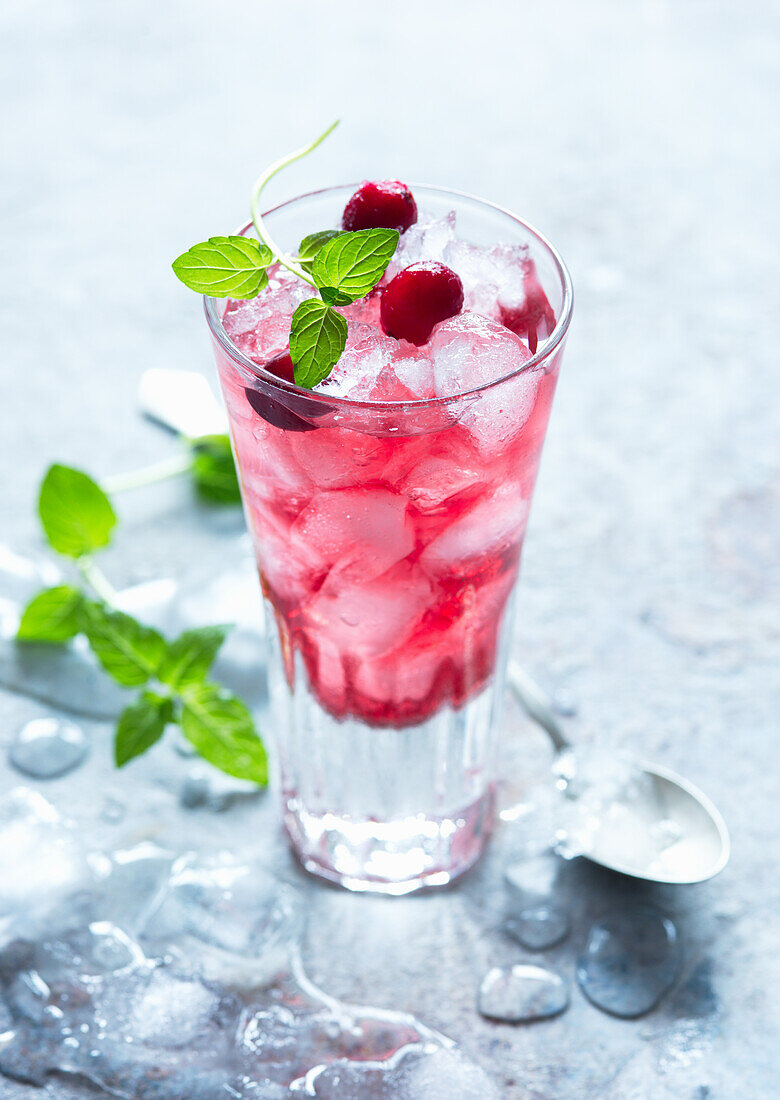 Cranberry drink with ice cubes