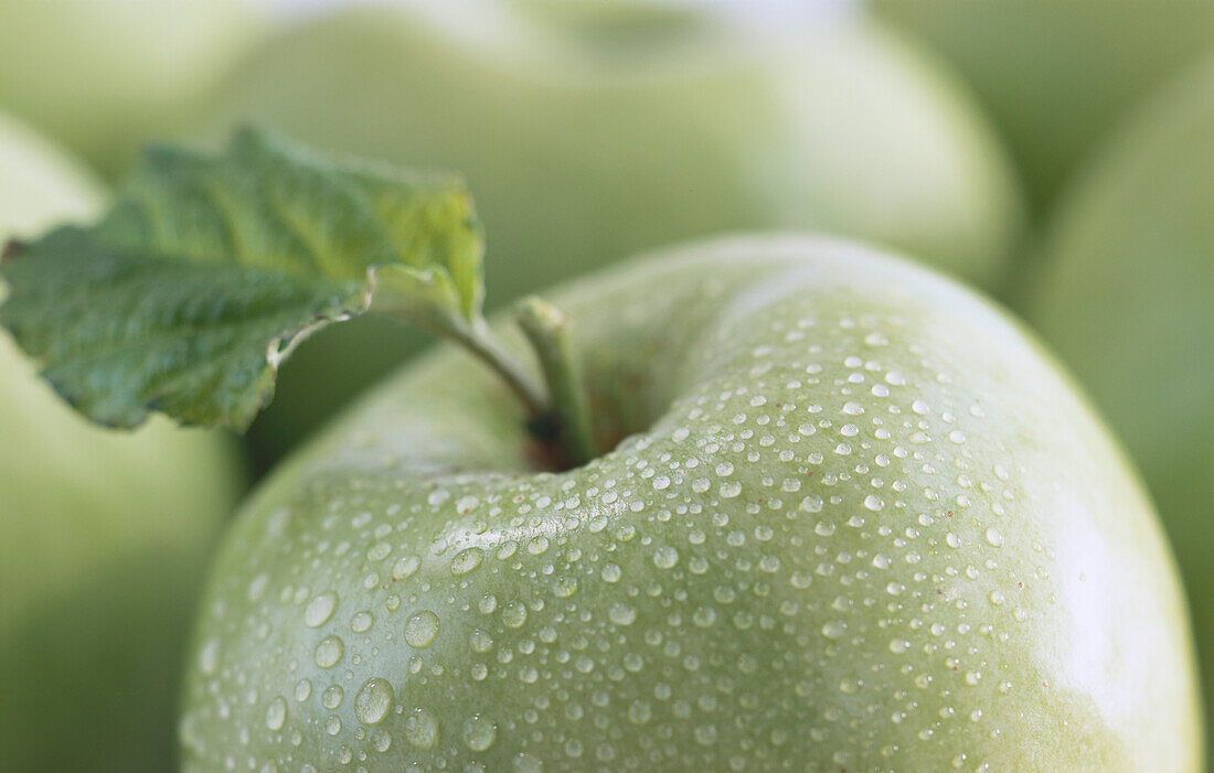 Green apples with leaves and drops of water