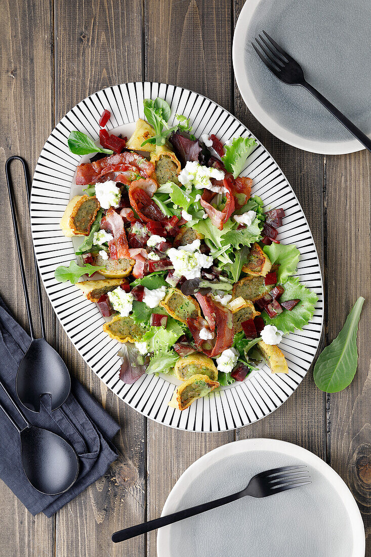 Beetroot salad with bacon and roasted corn dumplings