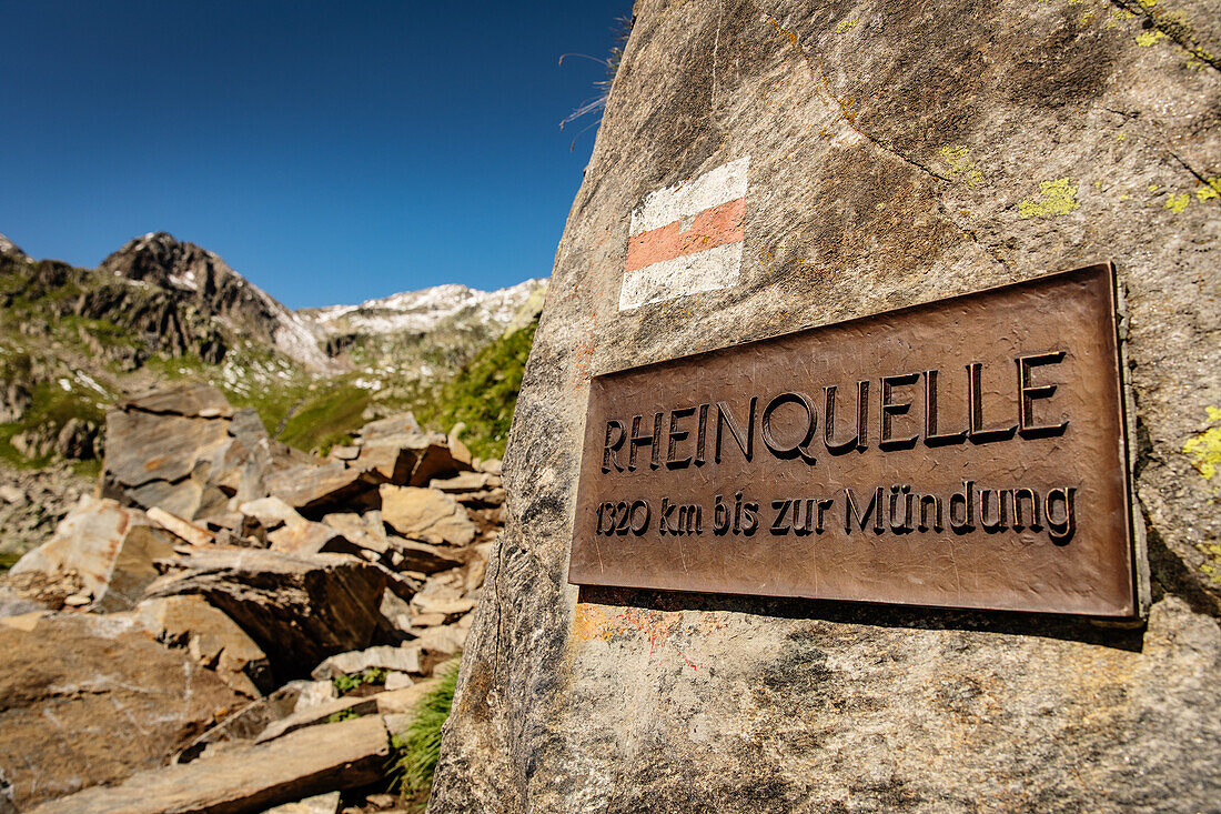 'Rhine Spring' plaque at Lake Toma in the Swiss Alps