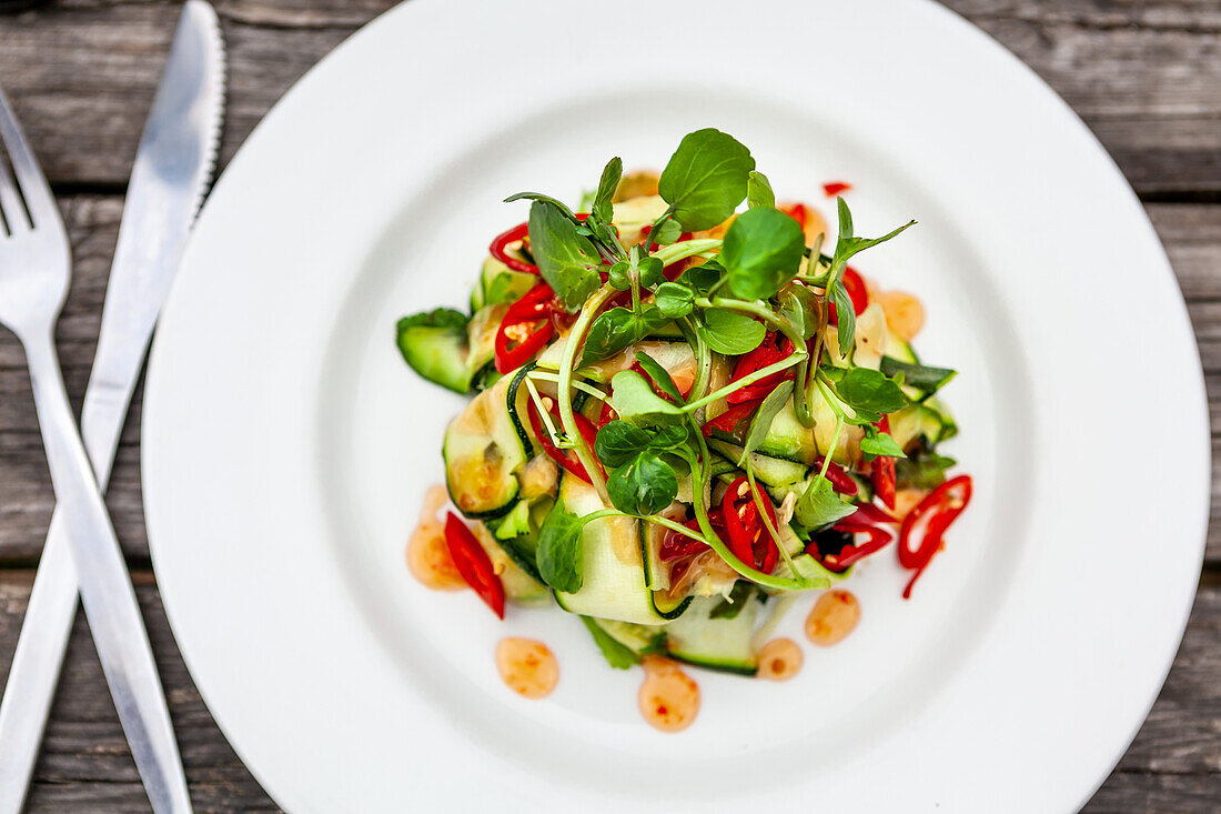 Gurkensalat mit Chiliringen, Brunnenkresse und Honigdressing