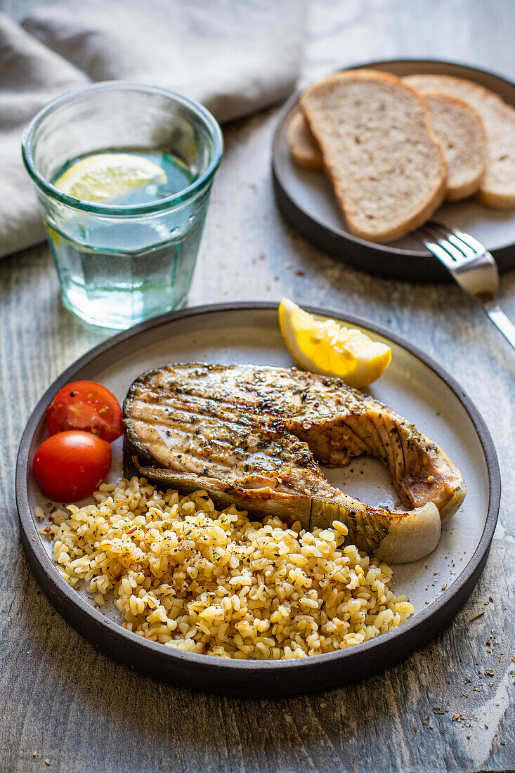 Grilled fish cutlet with barley