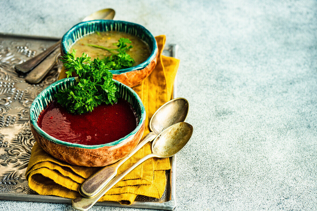 Vegetarische Pilzsuppe und Rote-Bete-Suppe