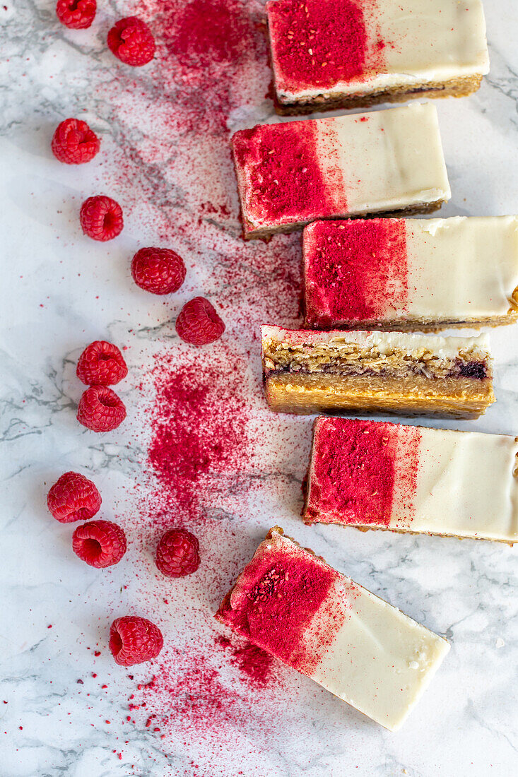Dessert layer bars with raspberries and white chocolate