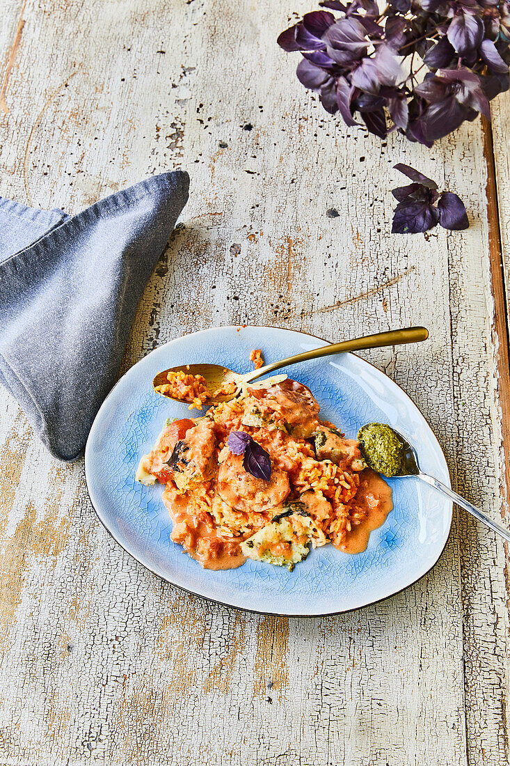 Tomato rice with chicken and purple basil