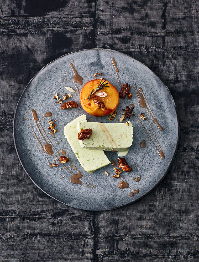 Avocado parfait with white chocolate and baked peach