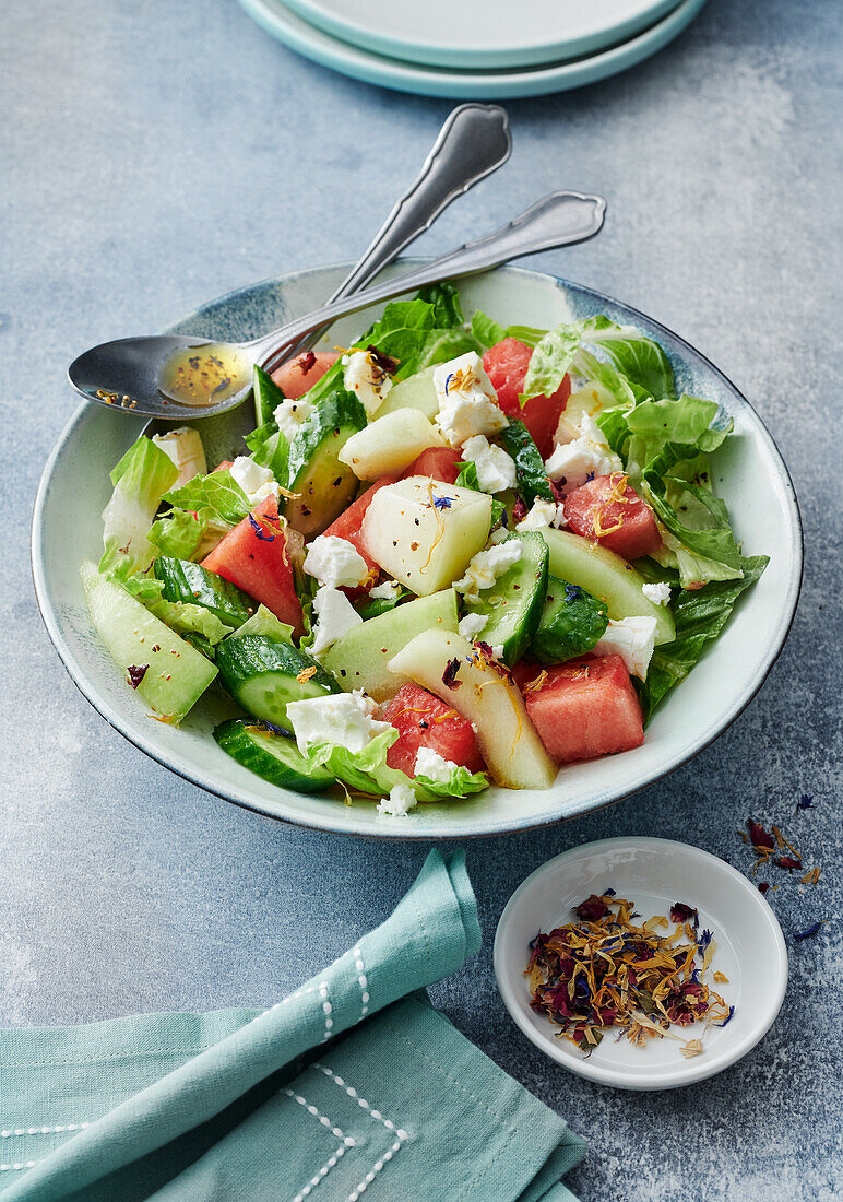 Cucumber and melon salad with feta cheese
