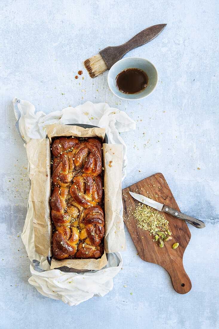 Pull-apart cardamom bread in a loaf pan