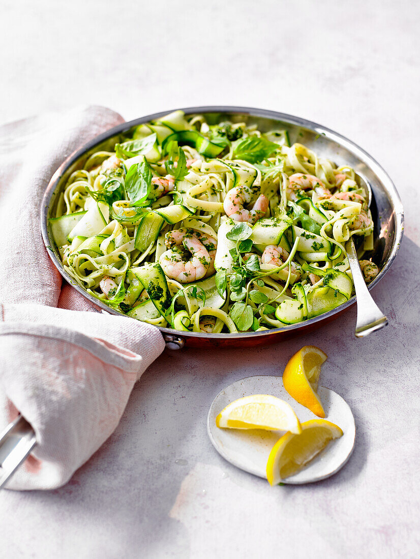 Prawn pasta with watercress and courgettes
