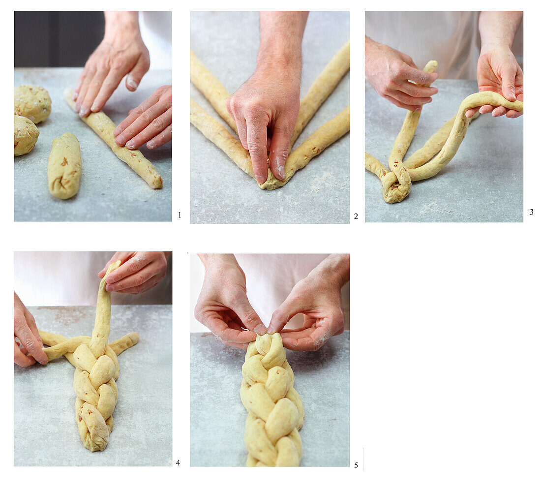 A four-strand bread plait being made