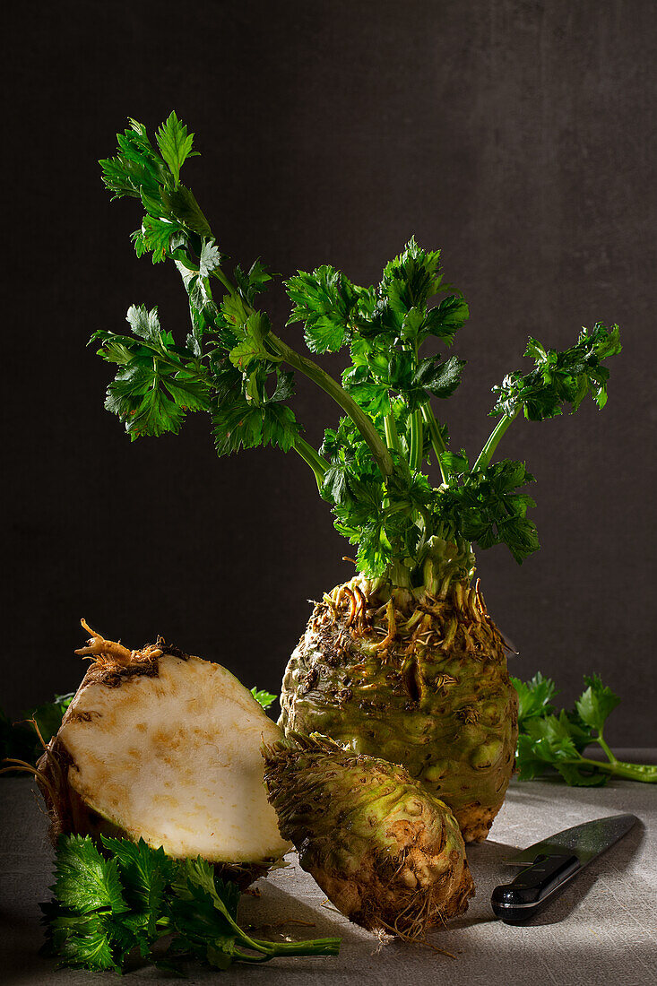 Celeriac with greens, whole and cut