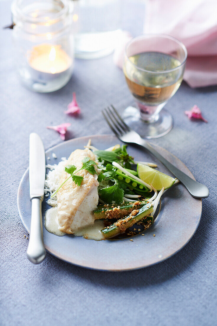 Pull-apart chicken with green curry and cucumber salad