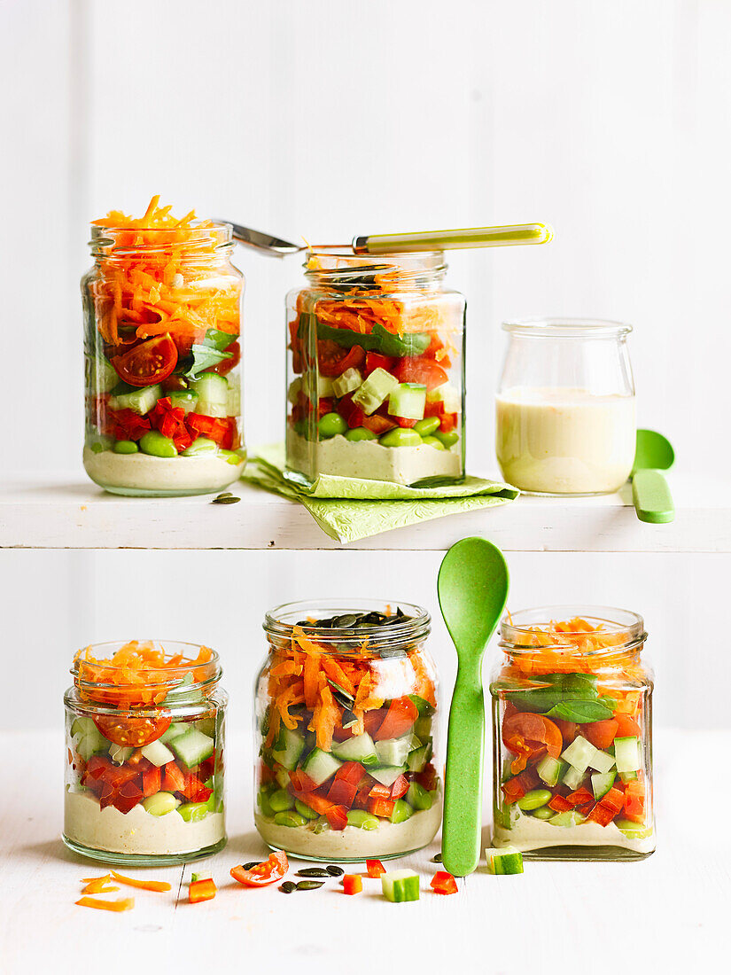 Stripy houmous salad jars