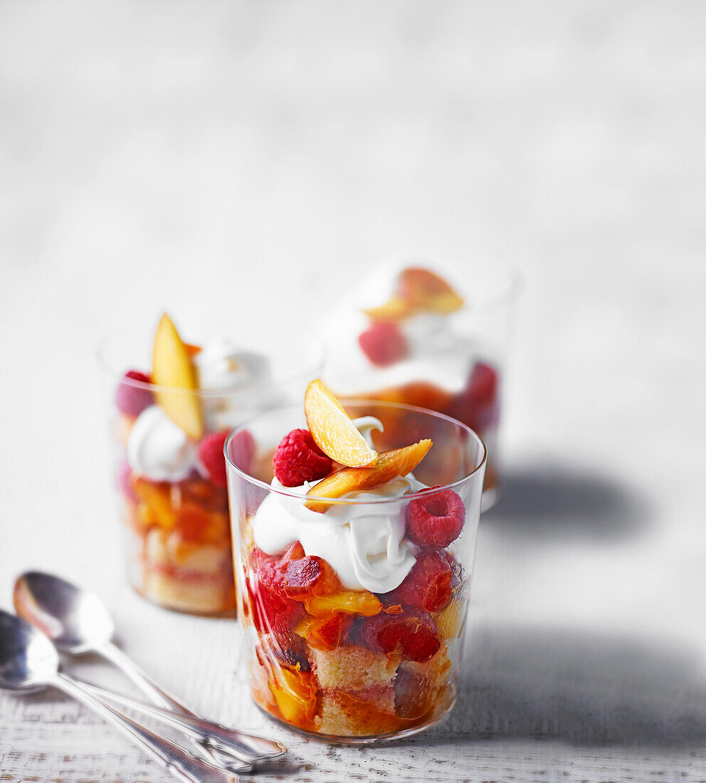 Raspberry rum and peach trifle