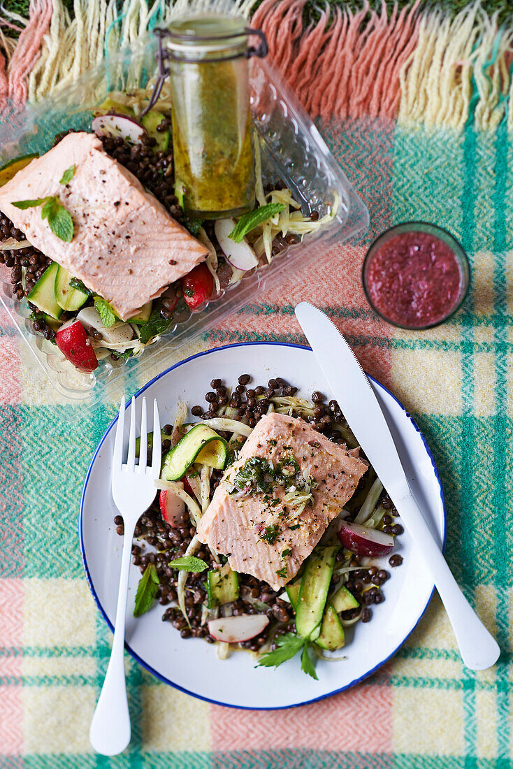 Poached salmon with courgette lentil salad and lemon relish