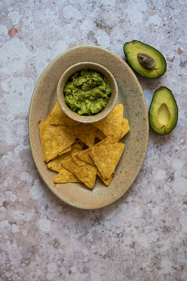 Guacamole with nacho chips
