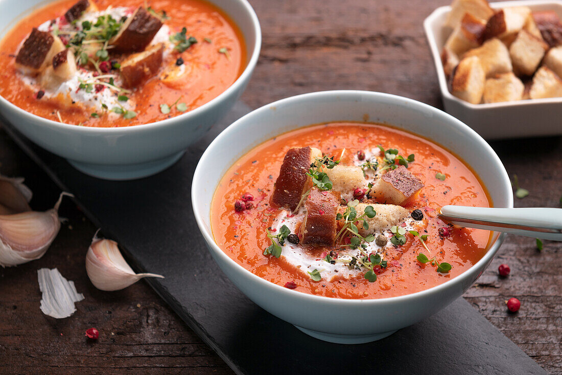 Vegan tomato soup with pretzel croutons