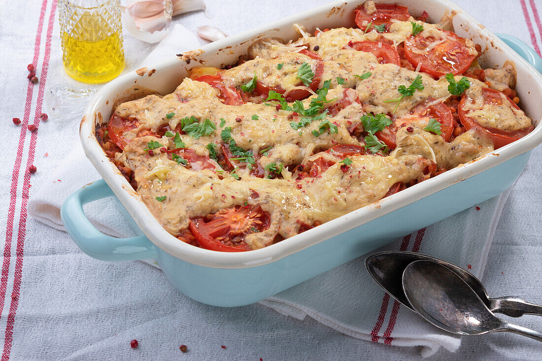 Vegan moussaka (Greece) made with potatoes and lentil soya mince