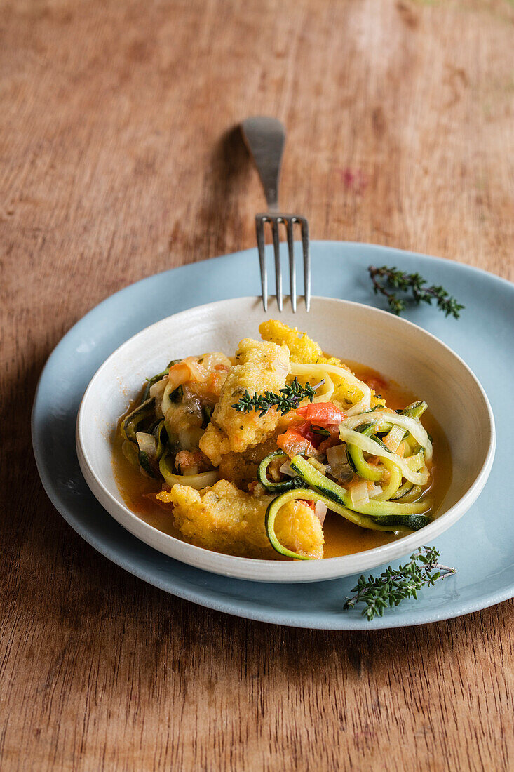 Bowl of zucchini pasta with tomatoes and polenta